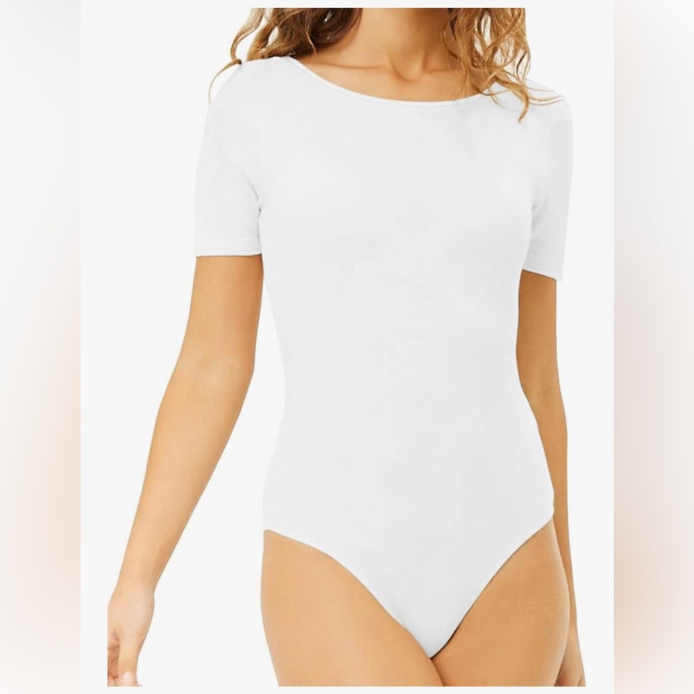 Bodysuit Round Collar Crew Neck Round Short Sleeve White Size Small